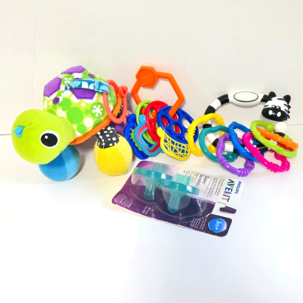 Infantino Mirror Pal Turtle, Pacifiers, Playgro Zebra Links & O'ball Grab Keys